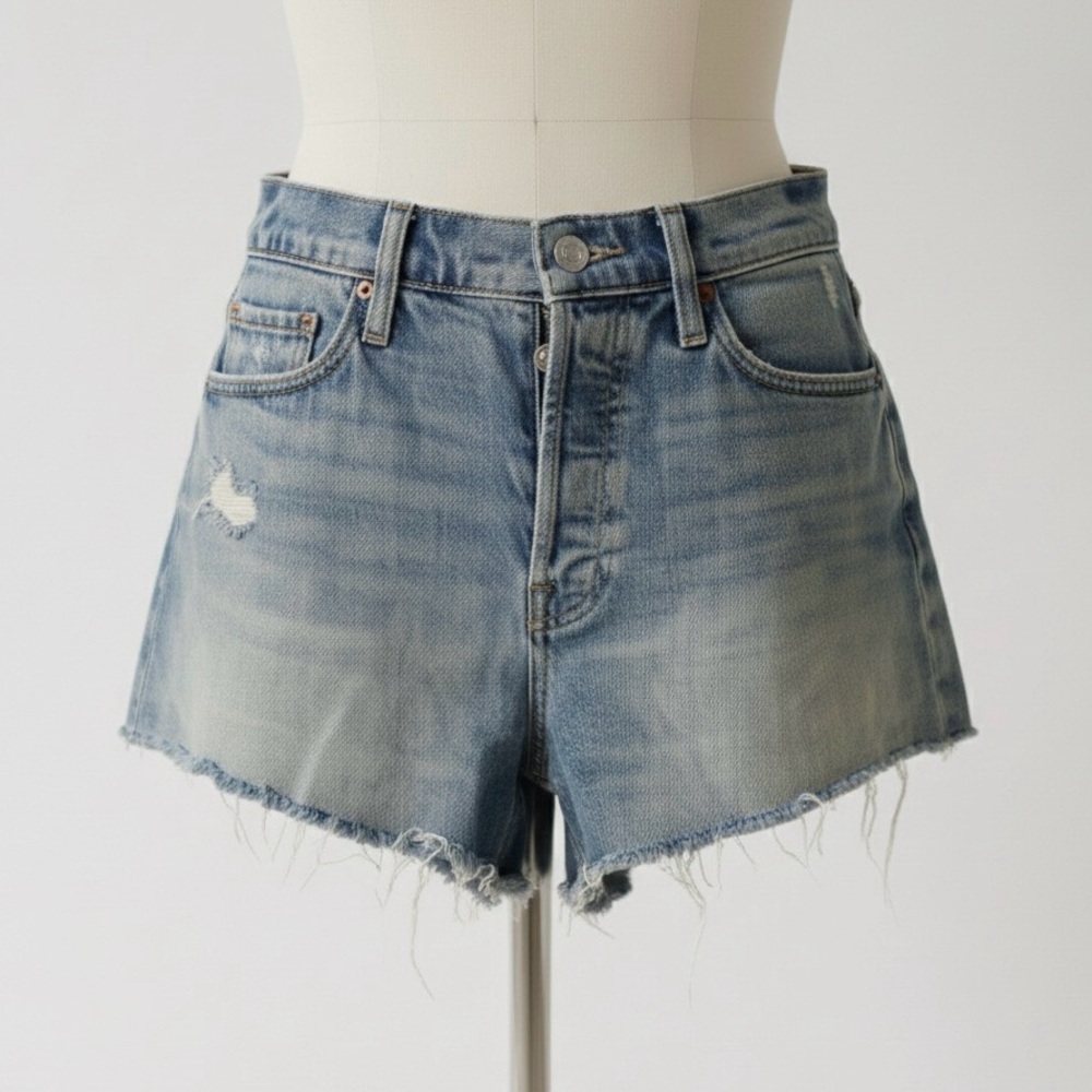 MOTHER SUPERIOR tomcat kick frayed distressed denim shorts